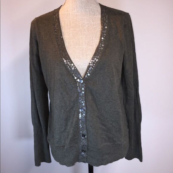 Eileen Fisher olive Green Embellished Button Front Cardigan Lairs Size Womens M - Picture 2 of 5